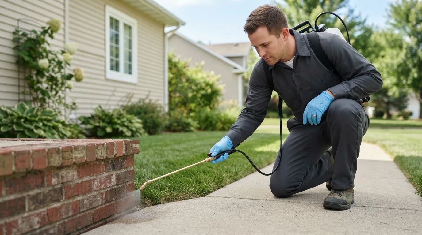 Pest control technician treating a home near Rand, CO